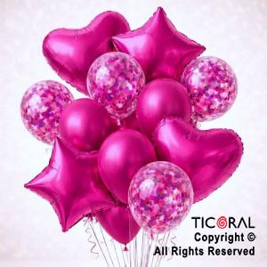 SET DE GLOBOS METALIZADOS ESTRELLA CORAZON CONFETI Y LATEX FUCSIA x 14 UNIDADES